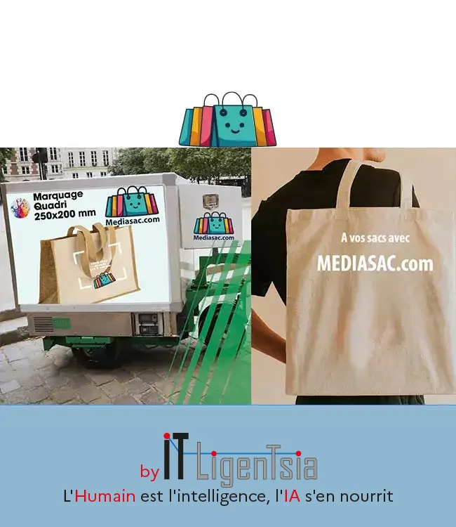 Sac en toile personnalisé avec logo pour commerces de proximité, présenté par Mediasac.com.