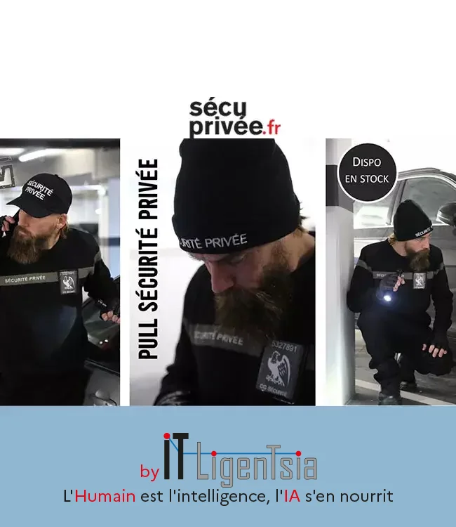 Agent de sécurité privée en tenue noire, équipé d'une lampe torche et d'un talkie-walkie, en intervention.