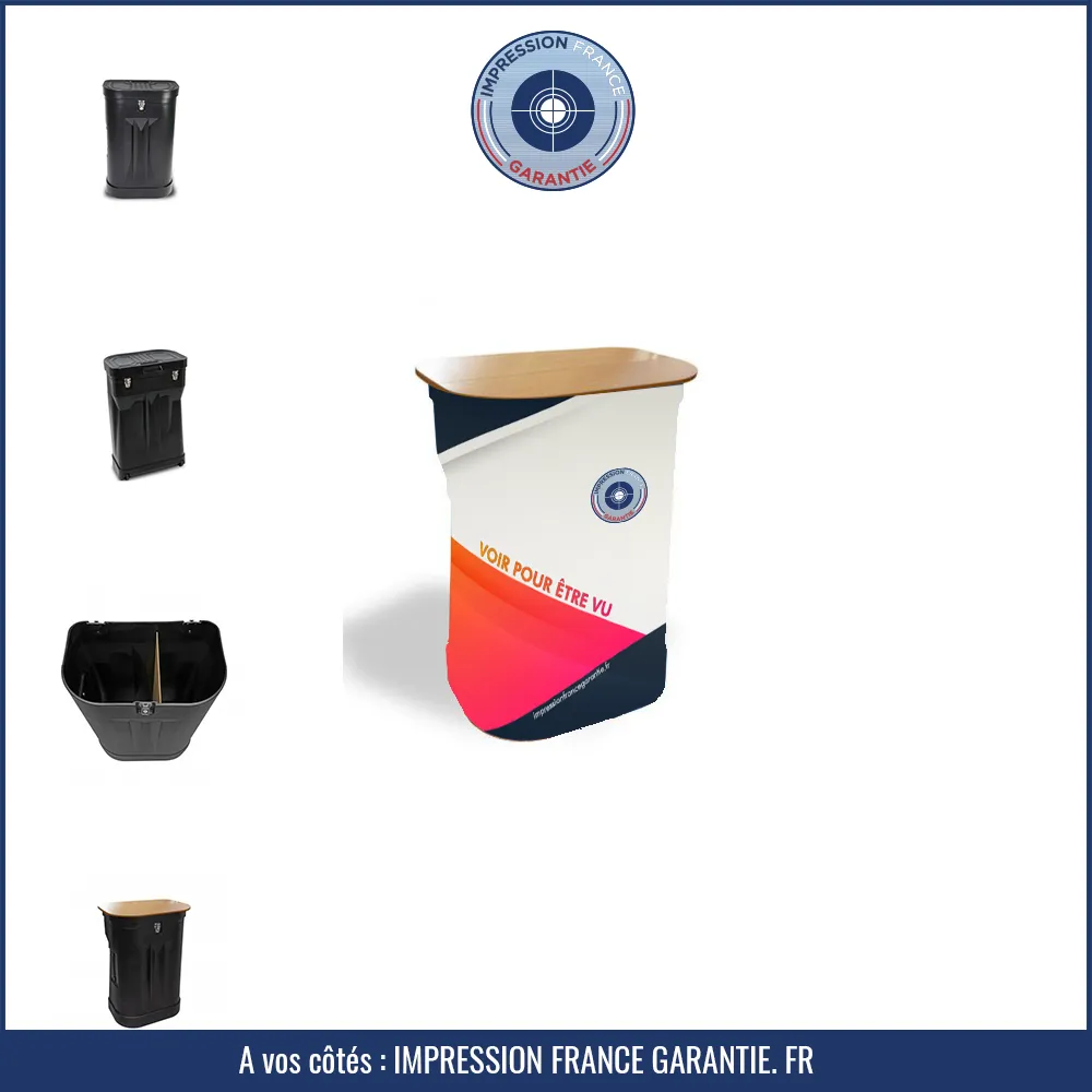 Comptoir de présentation avec caisson rigide de transport et visuel imprimé « Voir pour être vu » — Impression France Garantie.