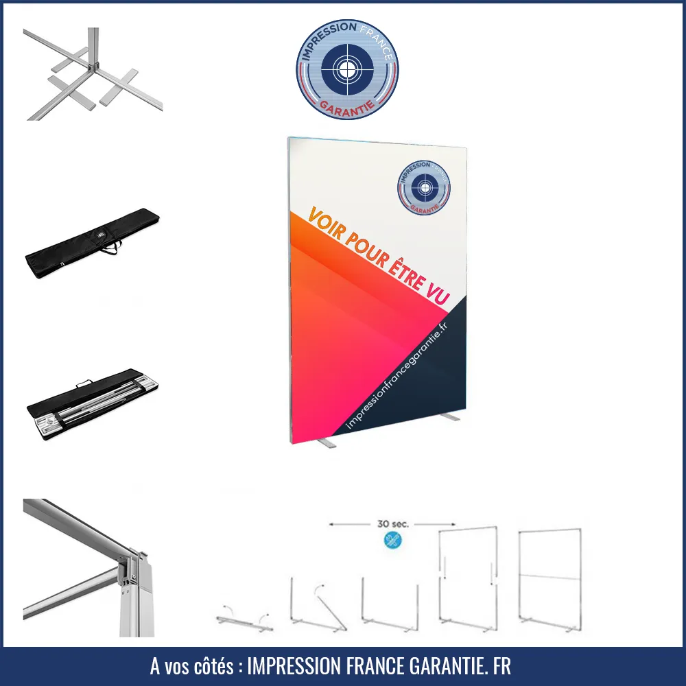Mur d’image autoportant avec structure pliable, housse imprimée « Voir pour être vu » et accessoires de montage — Impression France Garantie.