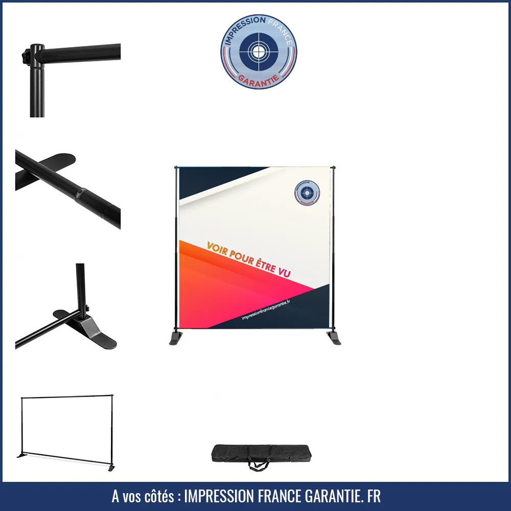 Structure réglable type fond photo avec bâche imprimée « Voir pour être vu » et accessoires de montage — Impression France Garantie.