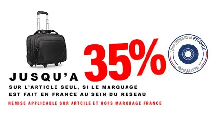 Visuel promotionnel sur fond blanc montrant une valise noire à roulettes avec le texte « Jusqu’à 35 % » et la mention indiquant que la remise s’applique lorsque le marquage est réalisé en France ou au sein du reste de l’UE, accompagné d’un badge « Fabrication France ».