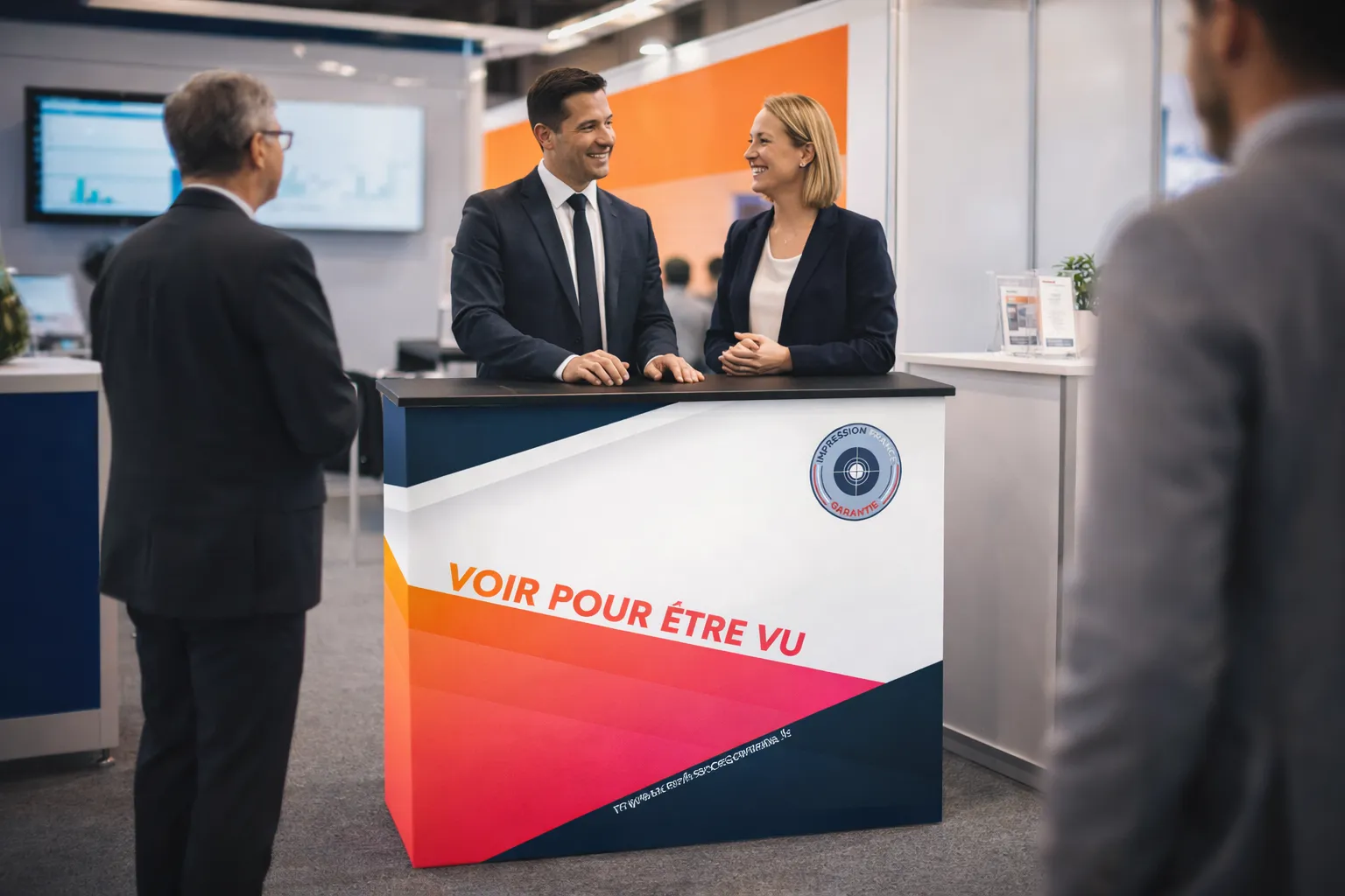 Comptoir pliable avec structure en aluminium, plateau noir et visuel imprimé « Voir pour être vu » — Impression France Garantie.