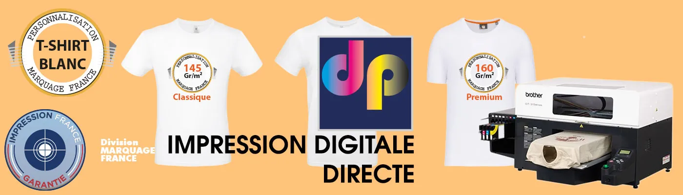 Personnalisation textile par impression directe DTG (Direct-to-Print), marquage précis en quadrichromie imprimé en France avec le label Impression France Garantie.