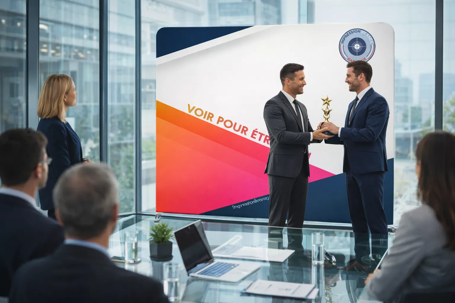 Mur textile incurvé avec structure tubulaire, pieds métalliques et housse imprimée « Voir pour être vu » — Impression France Garantie.