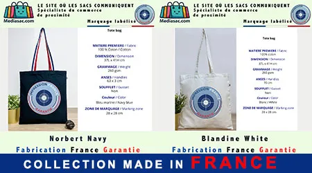 Collection de tote bags personnalisés Mediasac.com, modèles Norbert Navy et Blandine White, fabriqués en France avec le label Impression France Garantie.