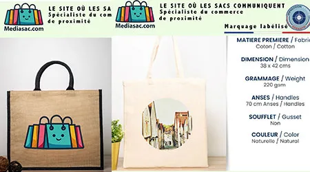 Sacs en coton personnalisés Mediasac.com, coloris naturel, avec impressions graphiques pour commerces de proximité.