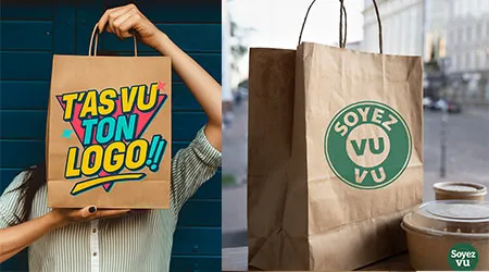Sacs en papier personnalisés avec logos colorés, utilisés par des commerces de proximité pour la communication de marque.