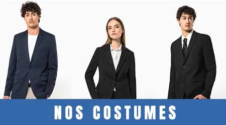 Hommes et femme portant des costumes élégants personnalisables pour entreprise