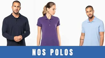 Polos personnalisables portés par un homme et une femme